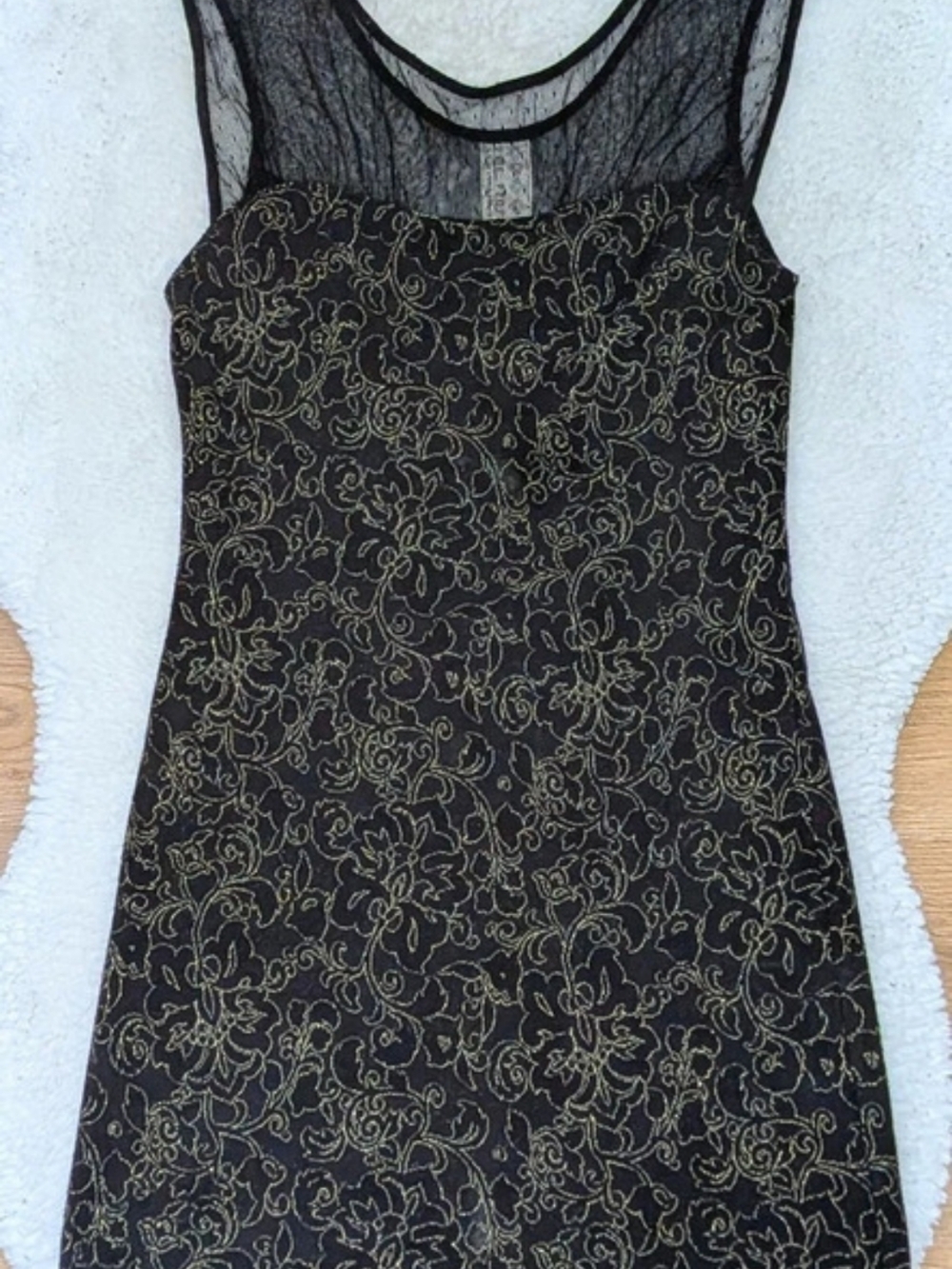 Free People Floral Black & Gold Bodycon Mini Dress With Sheer Dotted Neckline